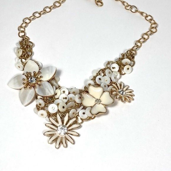 Necklace Bib Flowers Enamel Mother of Pearl Lucite Gold Tone 19”+2” NWT - Picture 3 of 10